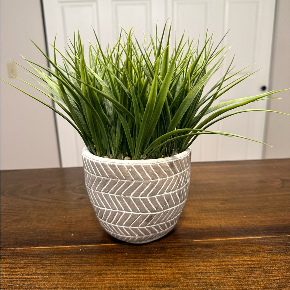 Faux Grass Plant in Textured Ceramic Pot Neutral Decor